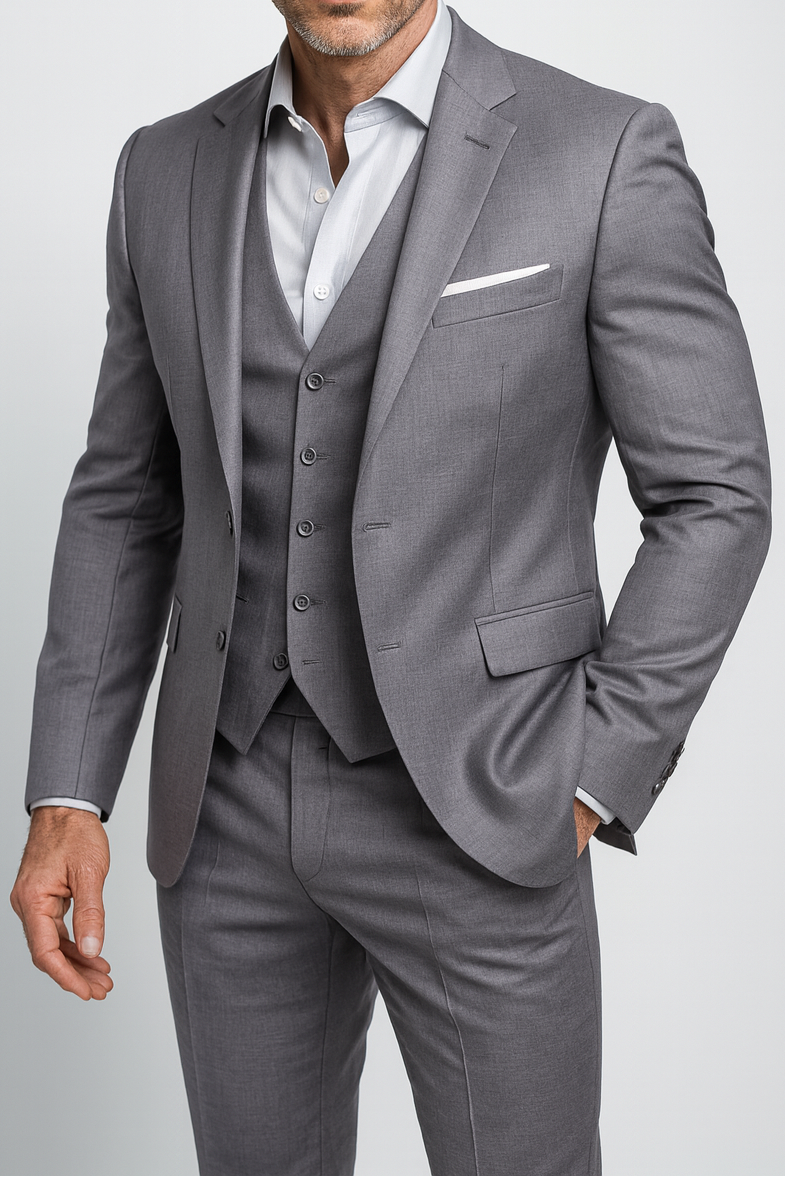 Men's three-piece slim fit suit with notch lapel jacket, waistcoat and trousers