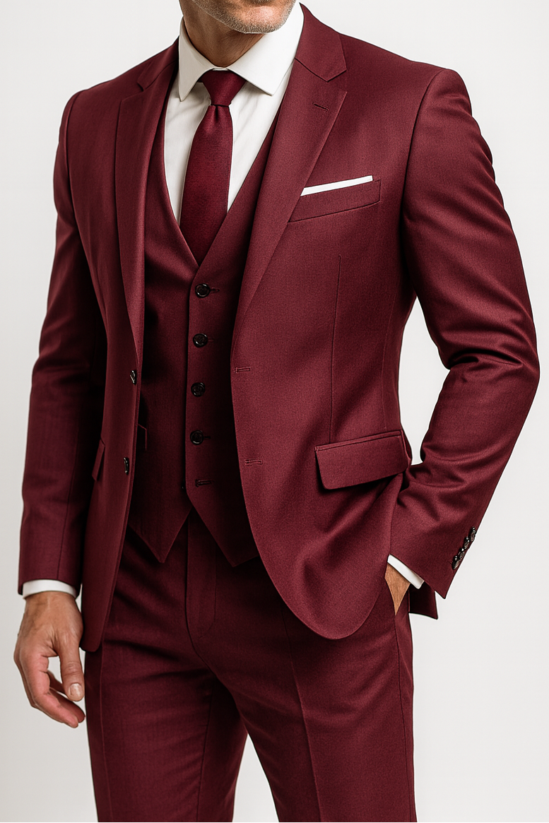 Men's three-piece slim fit suit with notch lapel jacket, waistcoat and trousers