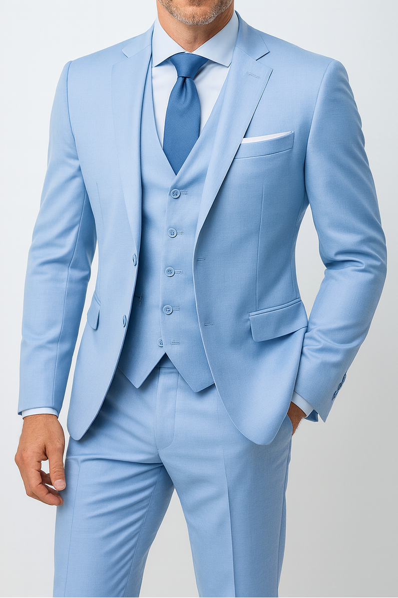 Men's three-piece slim fit suit with notch lapel jacket, waistcoat and trousers