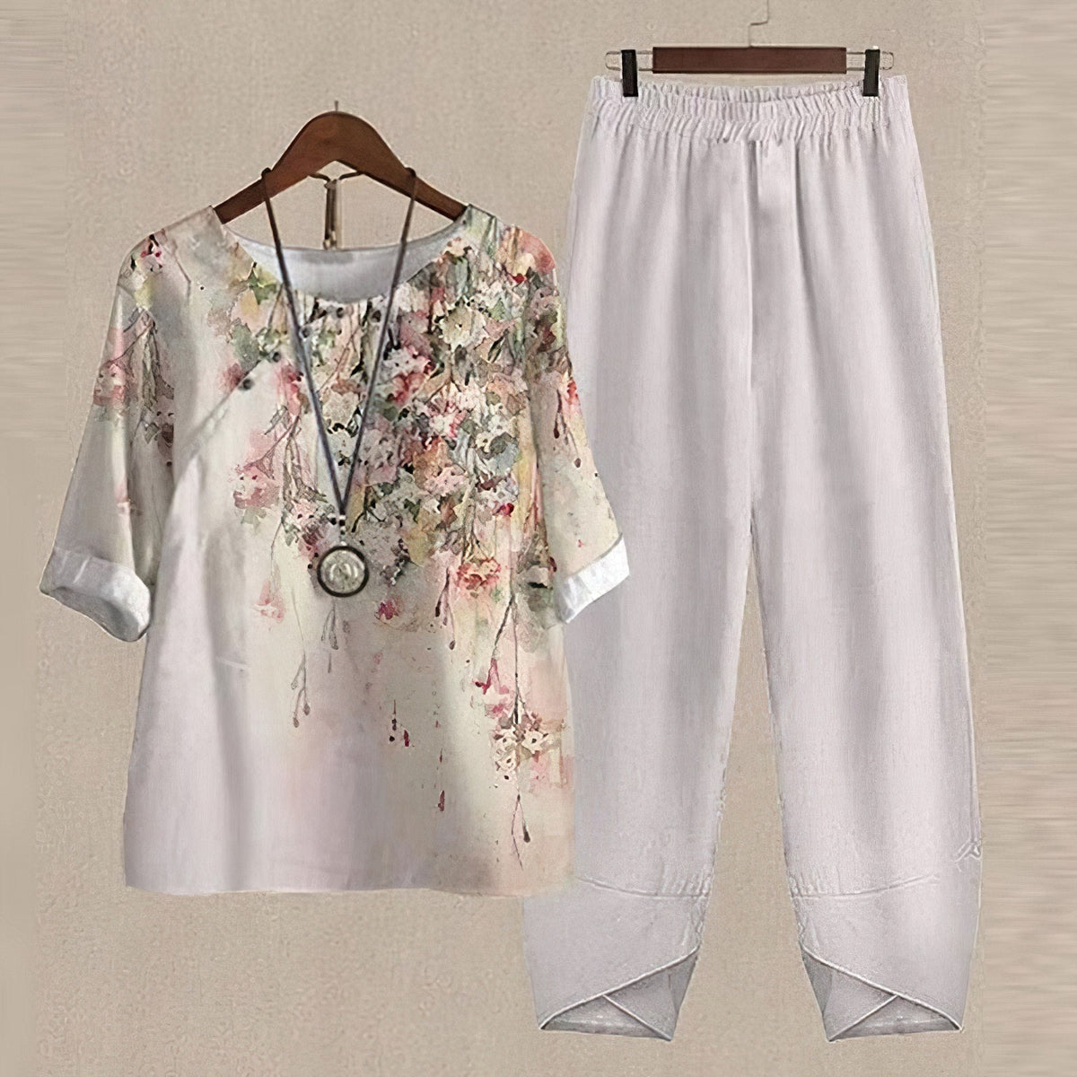 Women's patterned short-sleeve top and long trousers two-piece set