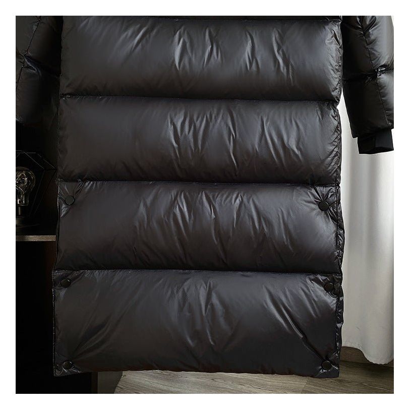 Women's black long hooded quilted puffer coat