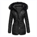 Women's hooded padded winter jacket with fur-trim hood and multiple zipped pockets