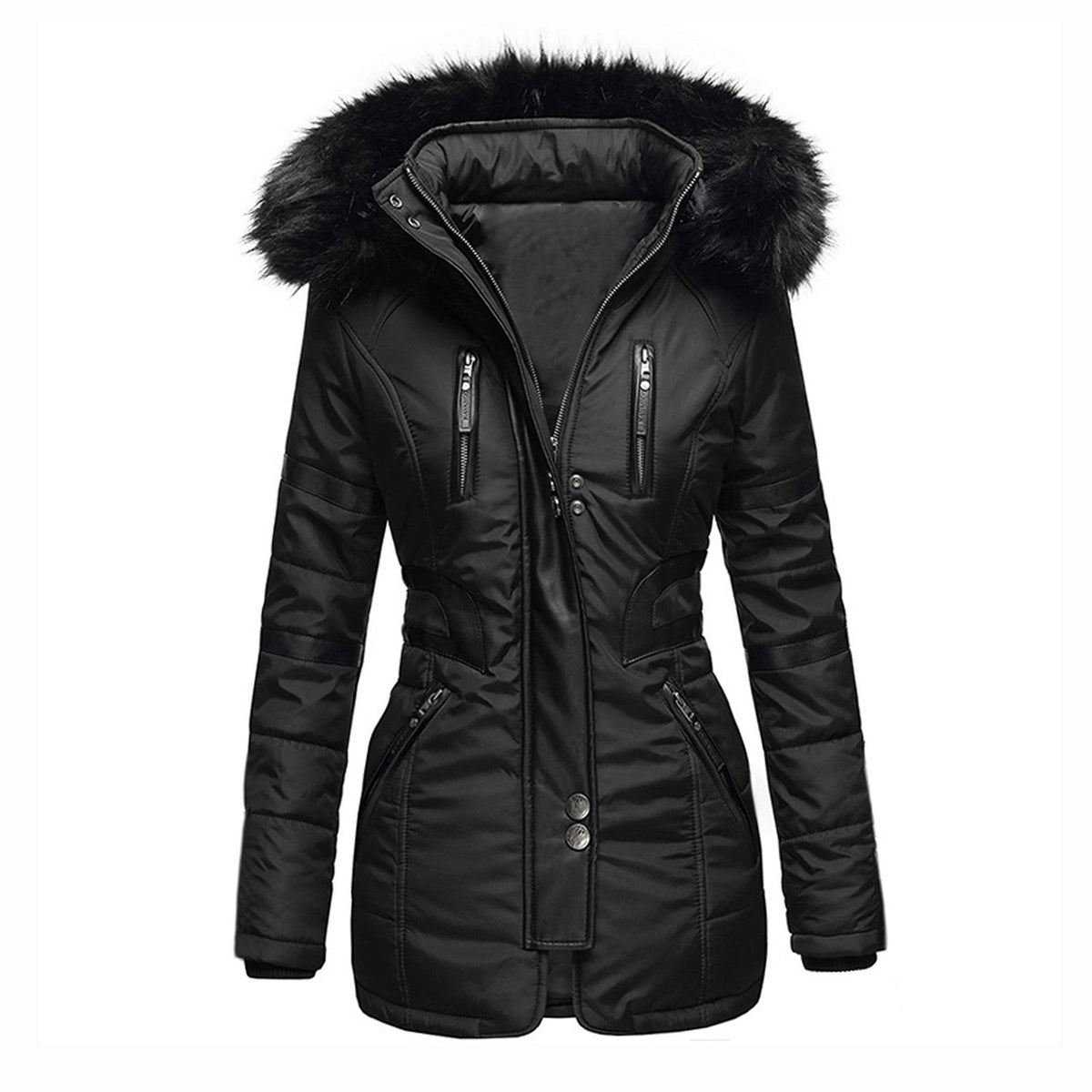 Women's hooded padded winter jacket with fur-trim hood and multiple zipped pockets