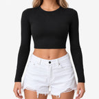 Women's ribbed long sleeve crop top with round neckline