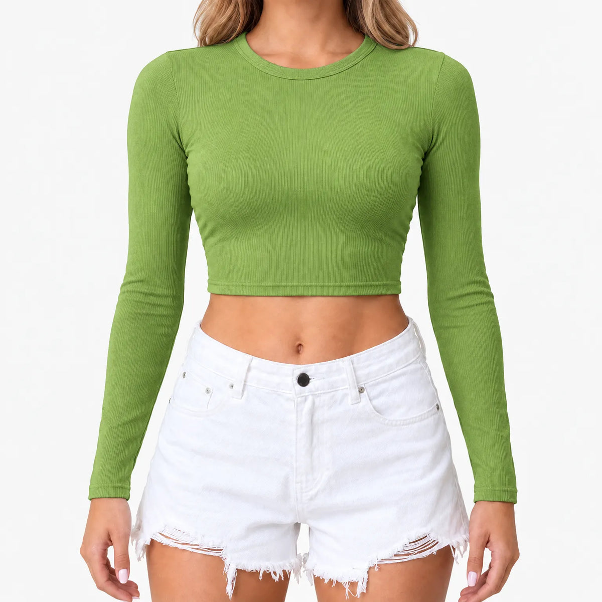 Women's ribbed long sleeve crop top with round neckline