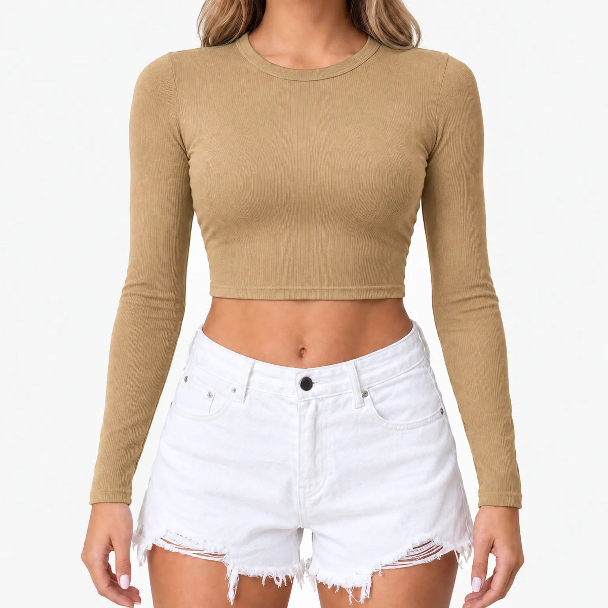 Women's ribbed long sleeve crop top with round neckline