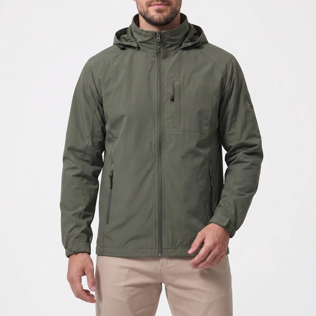 Men's hooded lightweight windbreaker jacket with full zip and zipped pockets