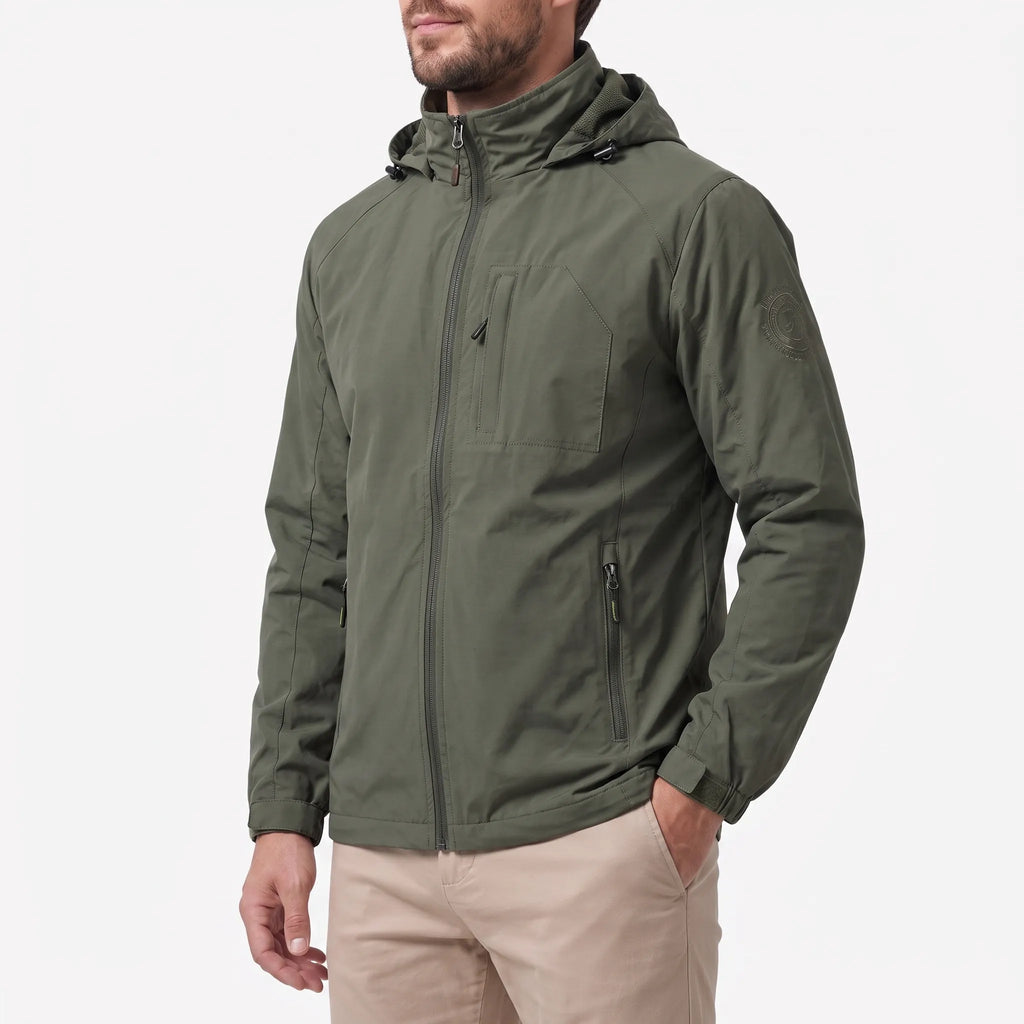 Men's hooded lightweight windbreaker jacket with full zip and zipped pockets