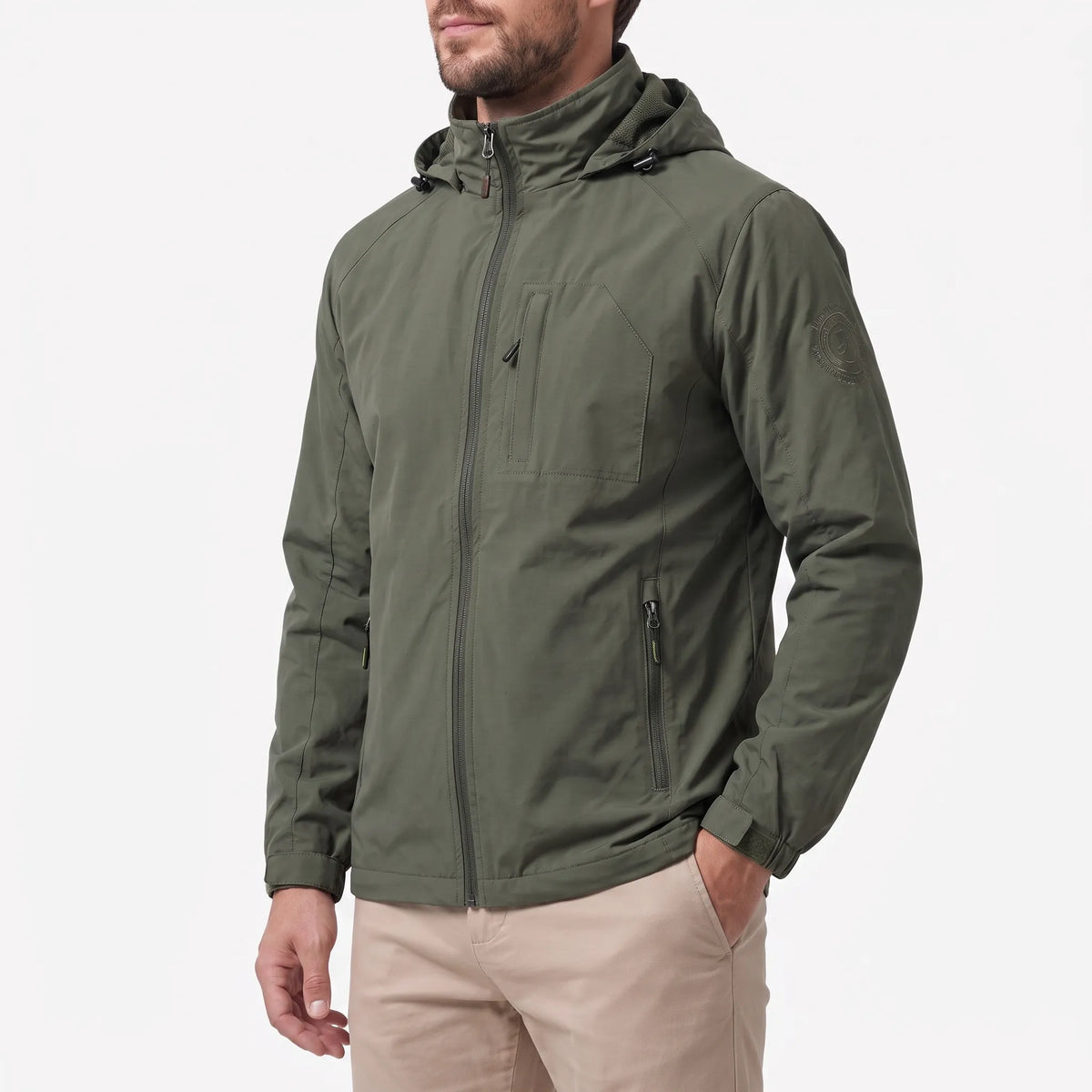 Men's hooded lightweight windbreaker jacket with full zip and zipped pockets