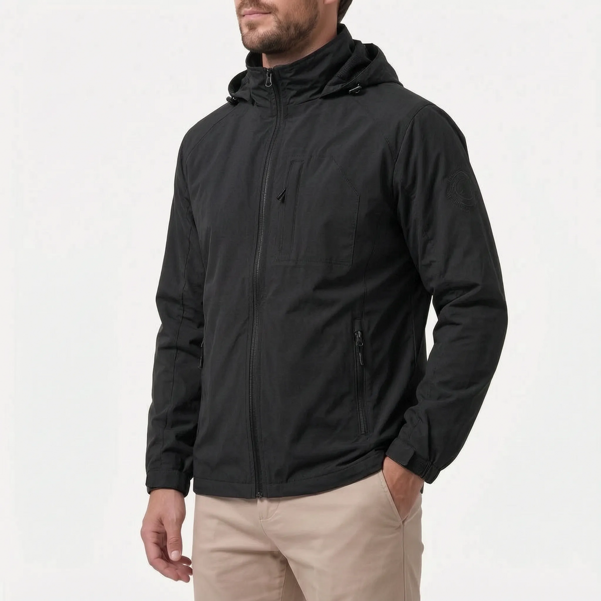 Men's hooded lightweight windbreaker jacket with full zip and zipped pockets