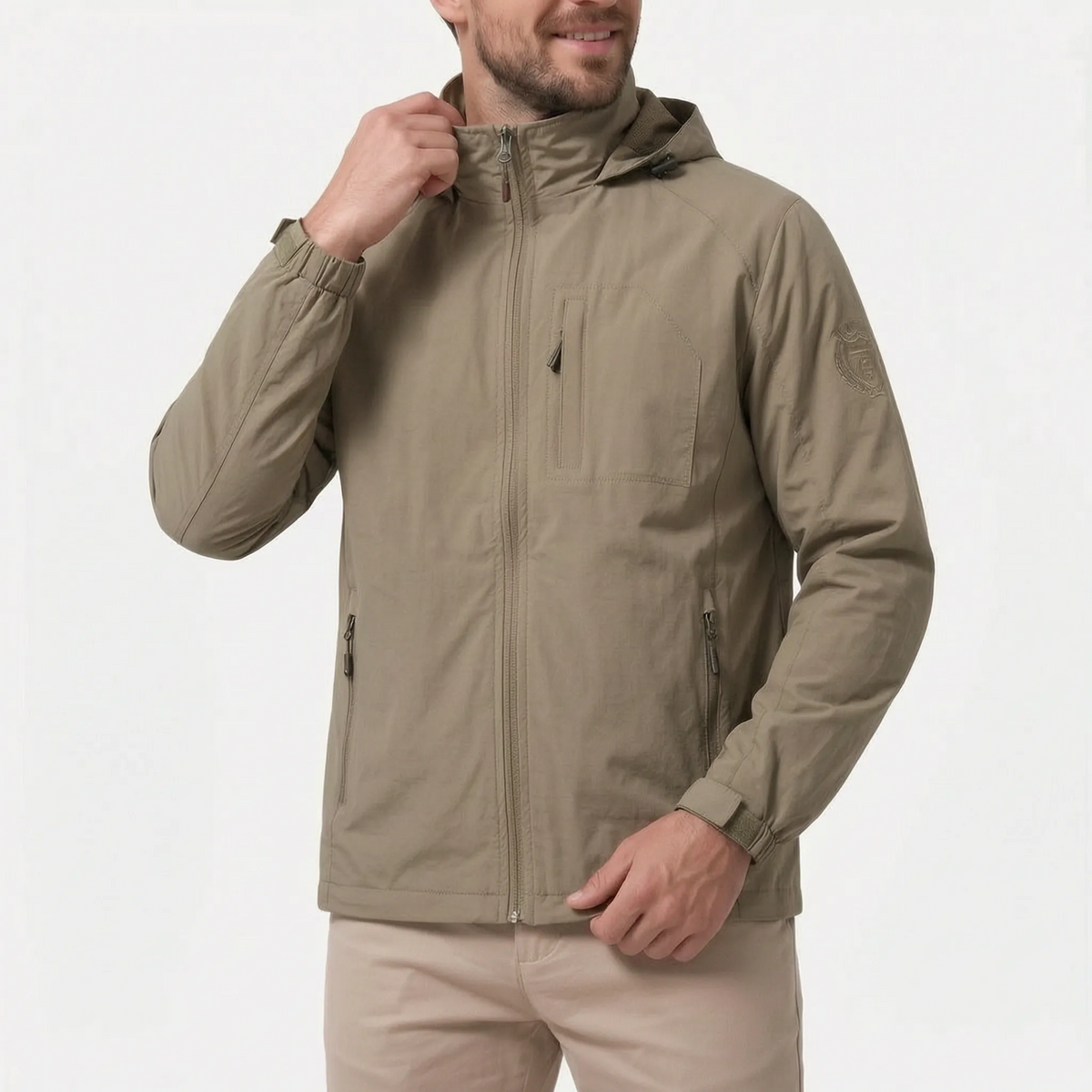 Men's hooded lightweight windbreaker jacket with full zip and zipped pockets