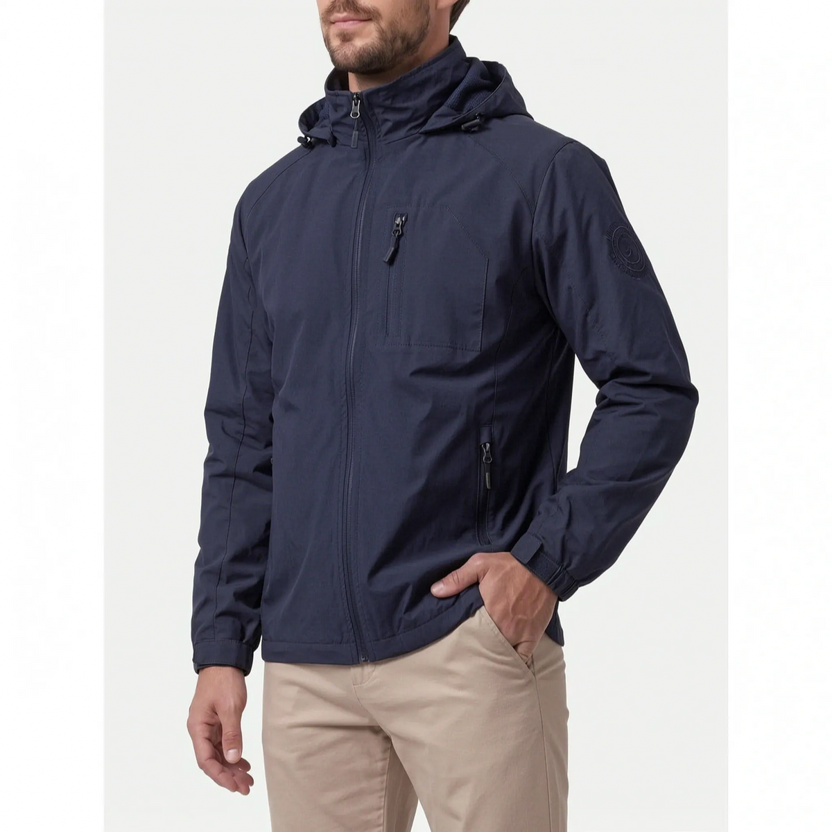 Men's hooded lightweight windbreaker jacket with full zip and zipped pockets