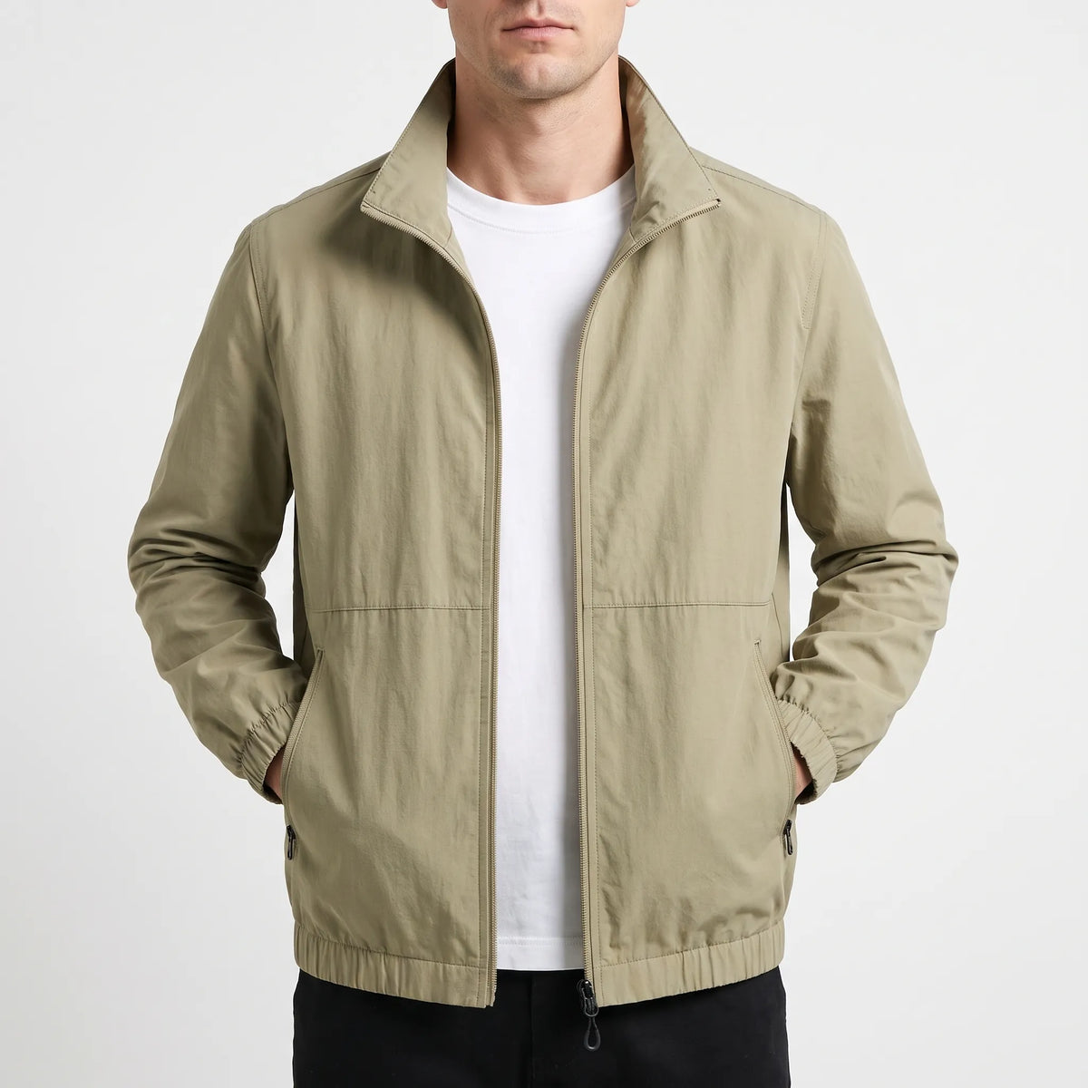 Men's plain zip-front jacket with stand collar, long sleeves and zipped side pockets