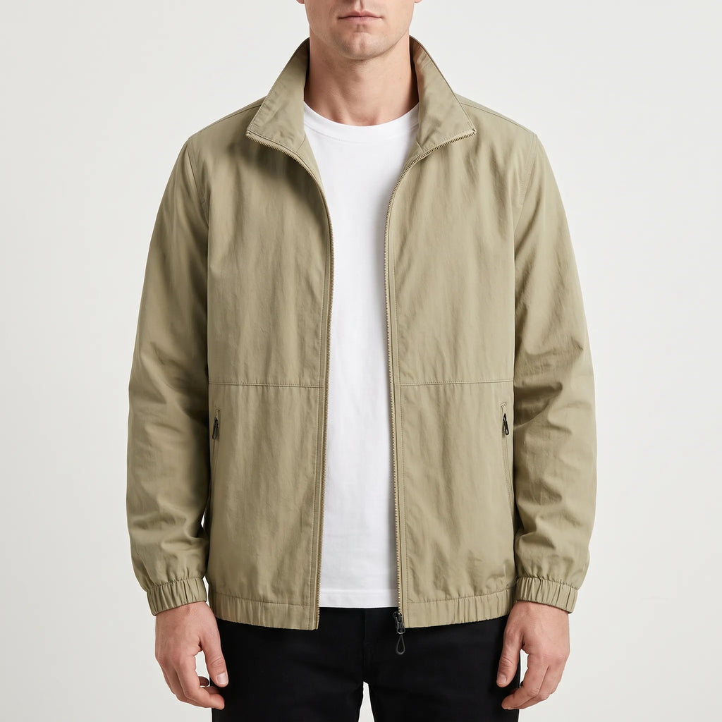 Men's plain zip-front jacket with stand collar, long sleeves and zipped side pockets
