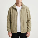 Men's plain zip-front jacket with stand collar, long sleeves and zipped side pockets