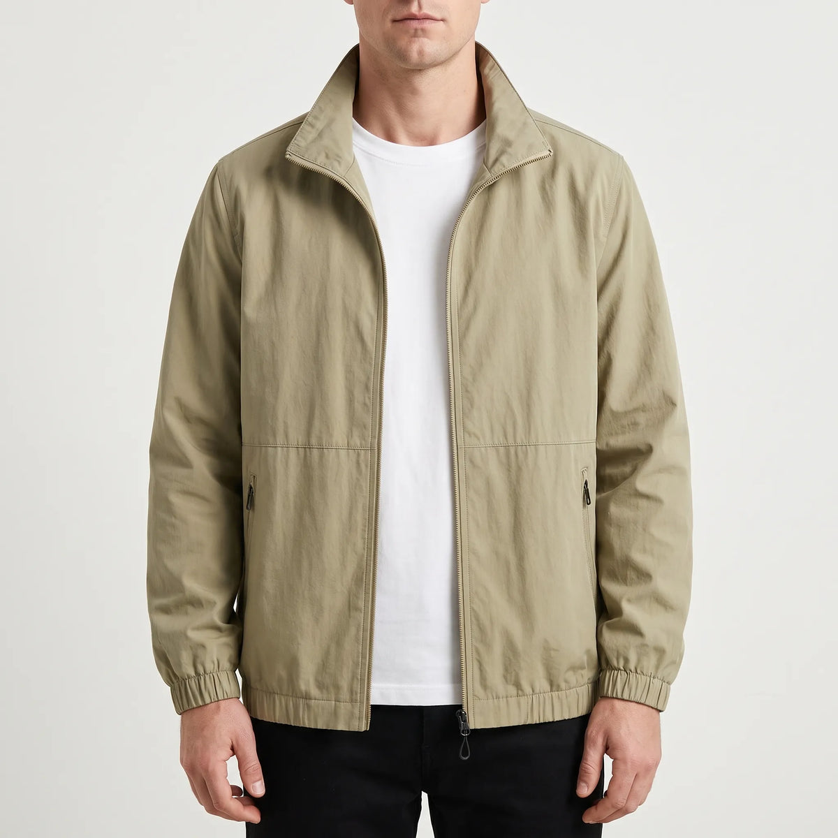 Men's plain zip-front jacket with stand collar, long sleeves and zipped side pockets