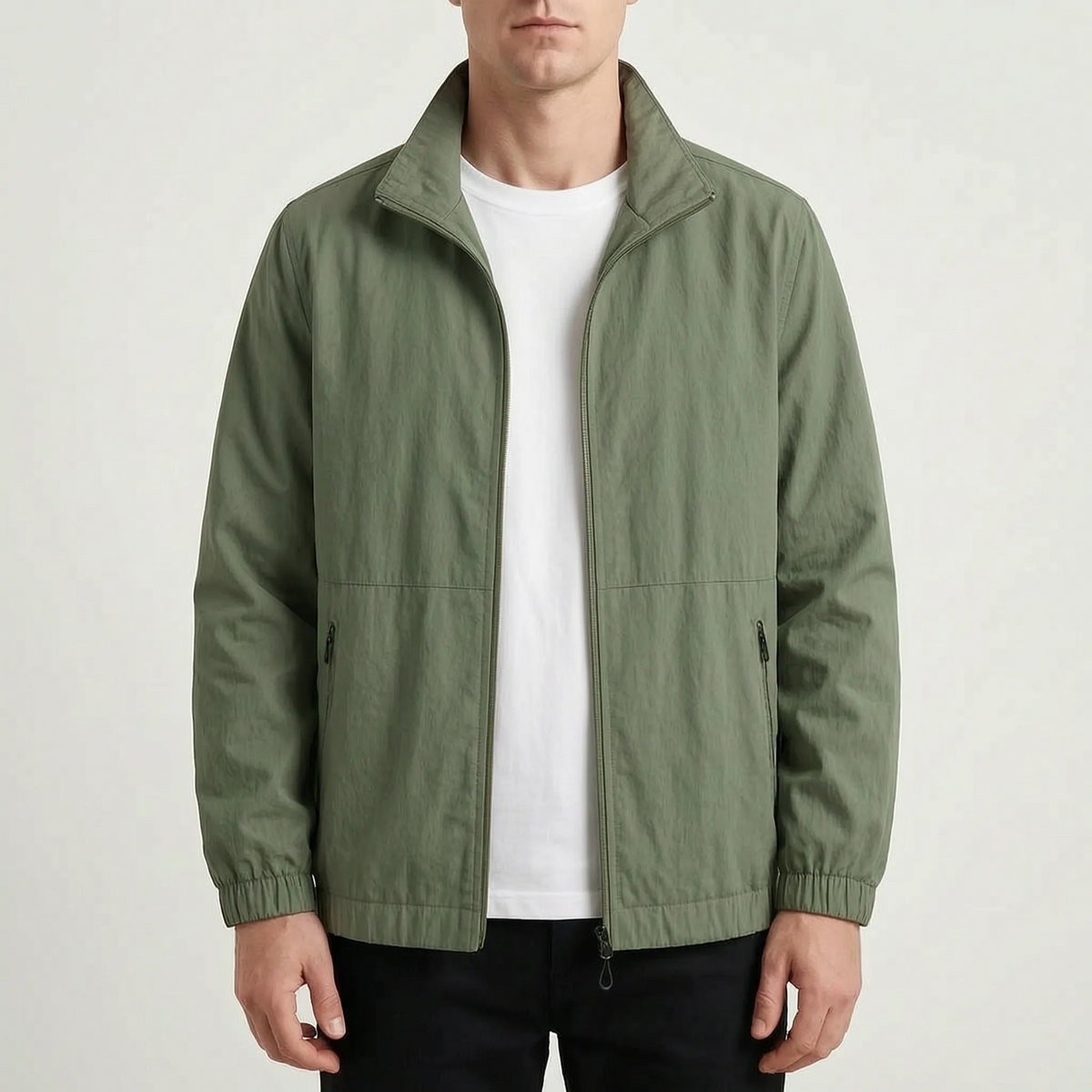 Men's plain zip-front jacket with stand collar, long sleeves and zipped side pockets
