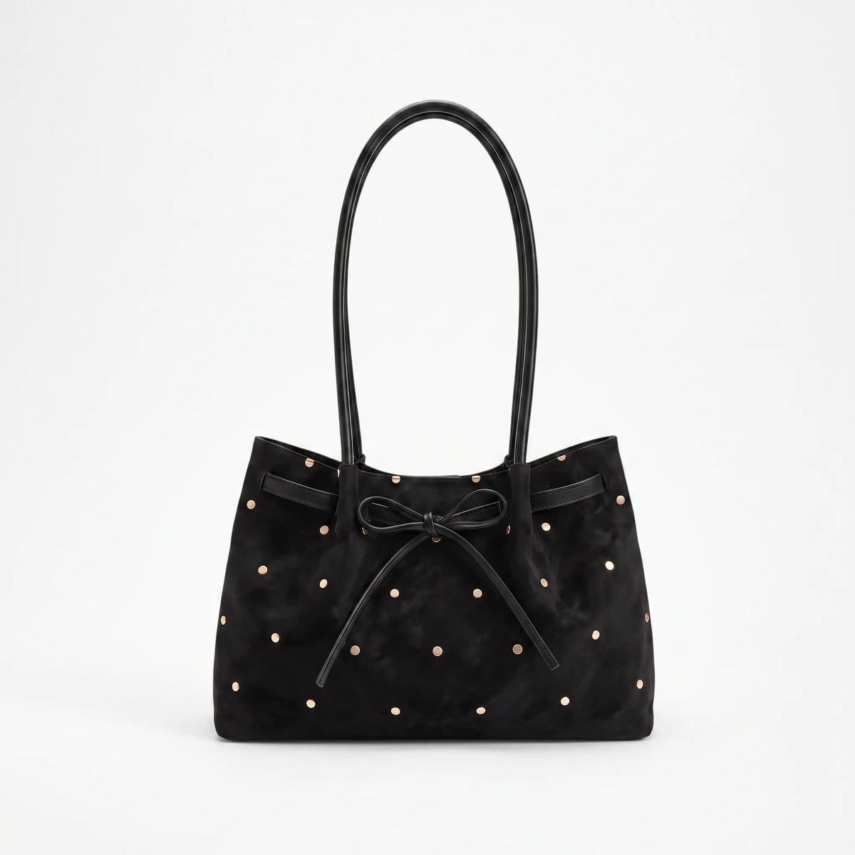 Women's flared tote bag with scattered studs, long handles and front bow tie detail