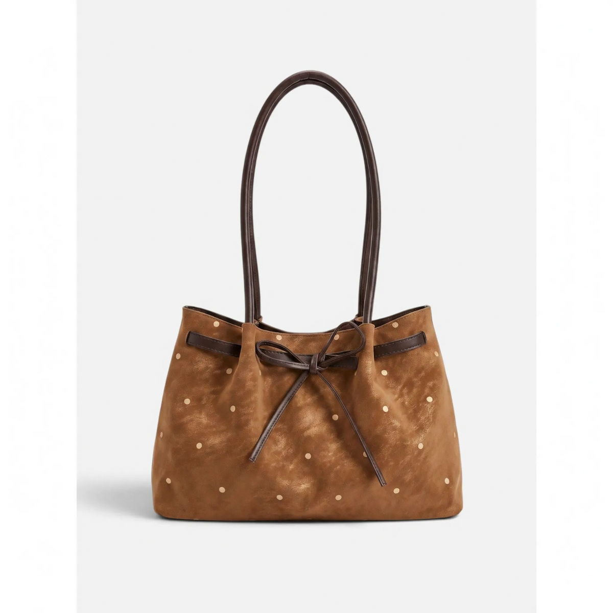 Women's flared tote bag with scattered studs, long handles and front bow tie detail