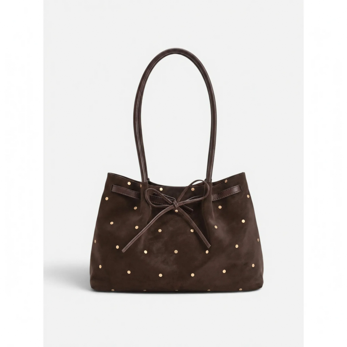 Women's flared tote bag with scattered studs, long handles and front bow tie detail