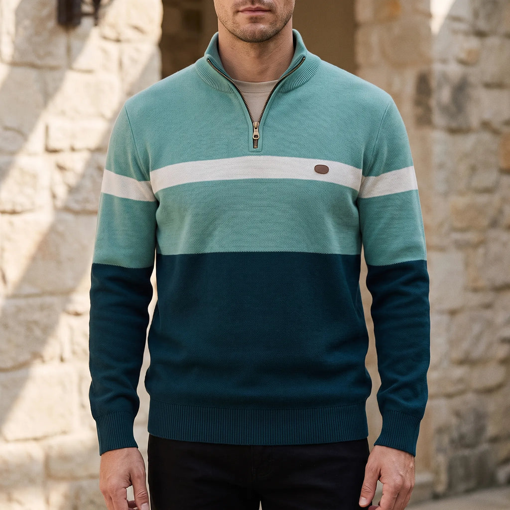 Men's quarter zip jumper with ribbed collar and horizontal colour block stripes