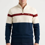 Men's quarter zip jumper with ribbed collar and horizontal colour block stripes
