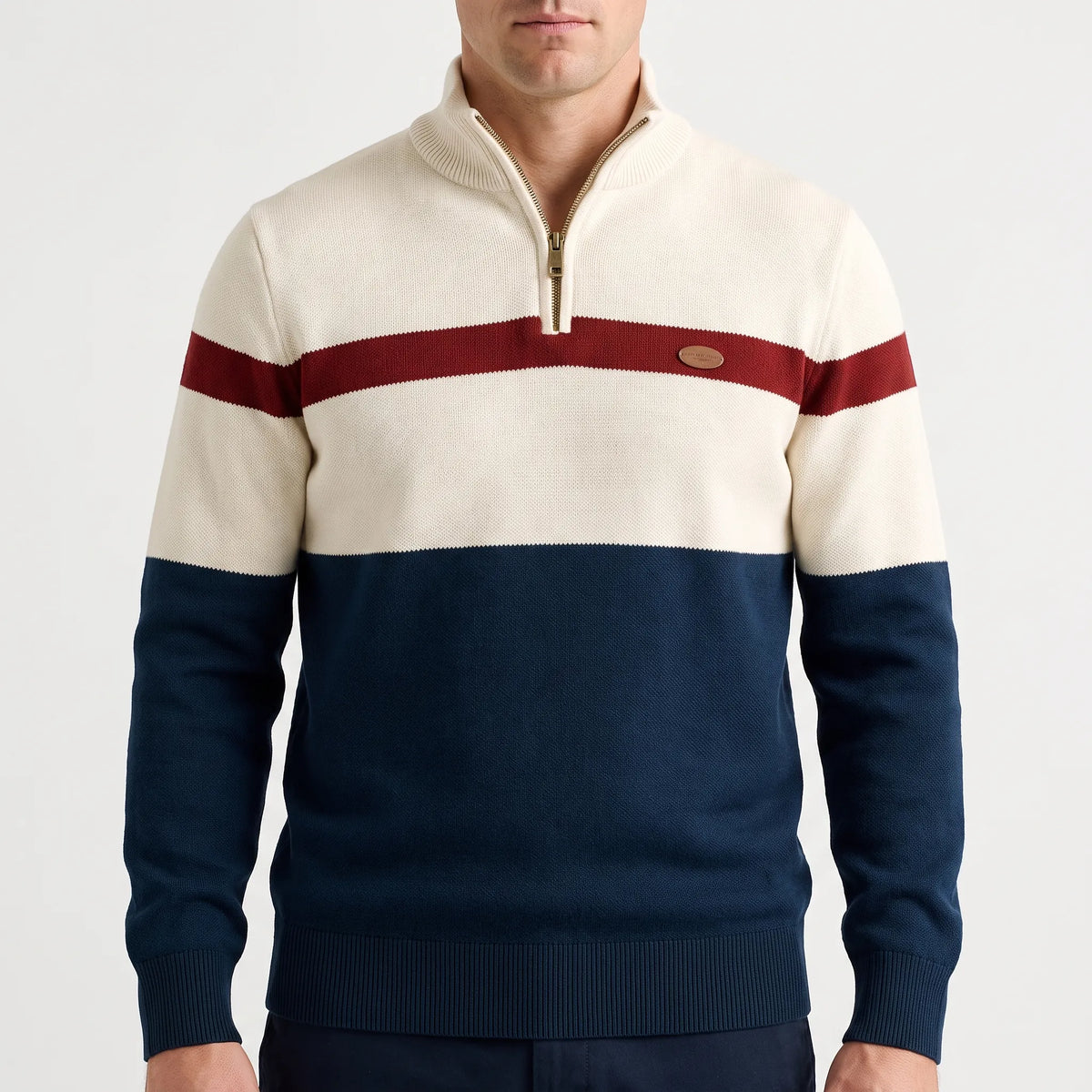 Men's quarter zip jumper with ribbed collar and horizontal colour block stripes