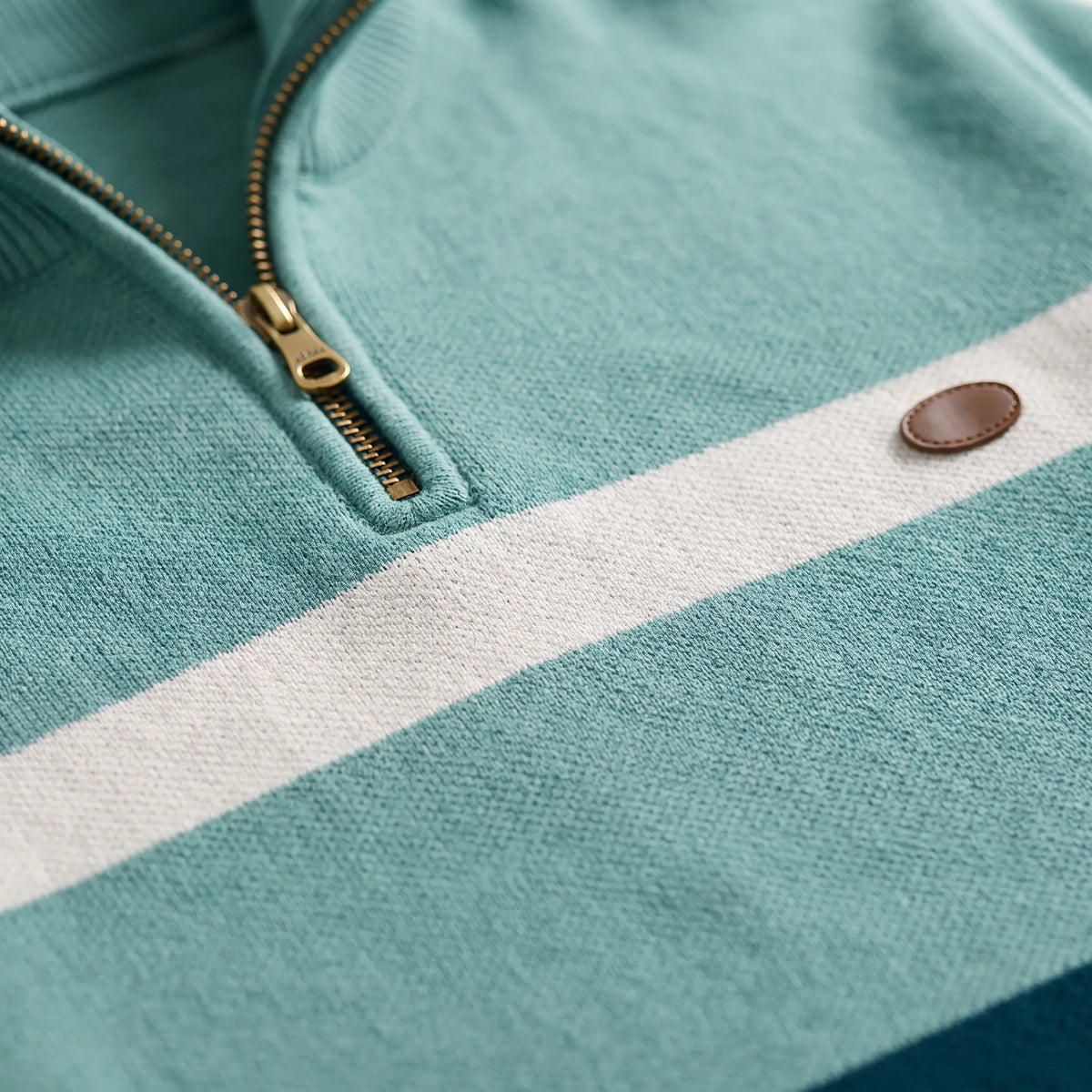 Men's quarter zip jumper with ribbed collar and horizontal colour block stripes