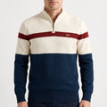 Men's quarter zip jumper with ribbed collar and horizontal colour block stripes