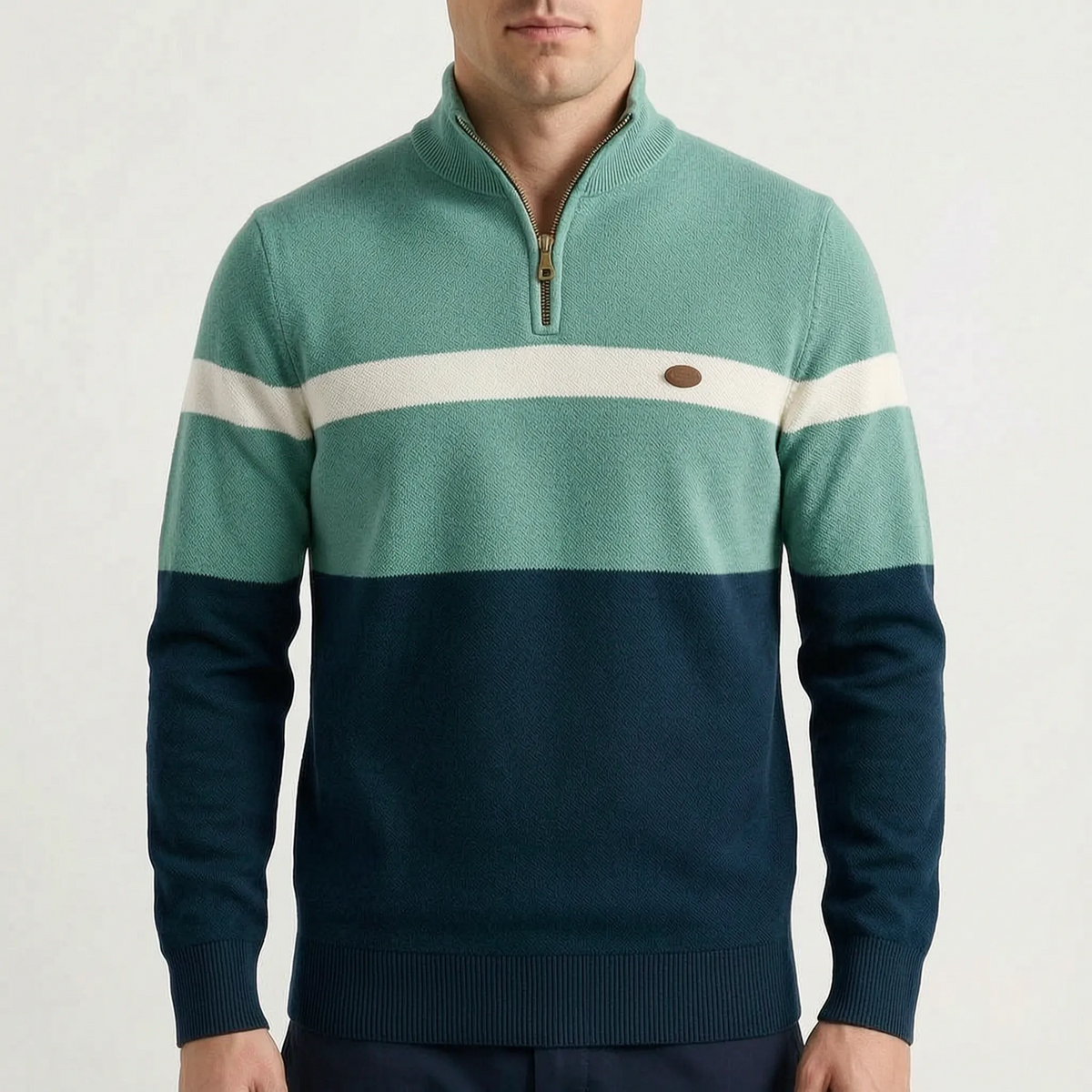 Men's quarter zip jumper with ribbed collar and horizontal colour block stripes
