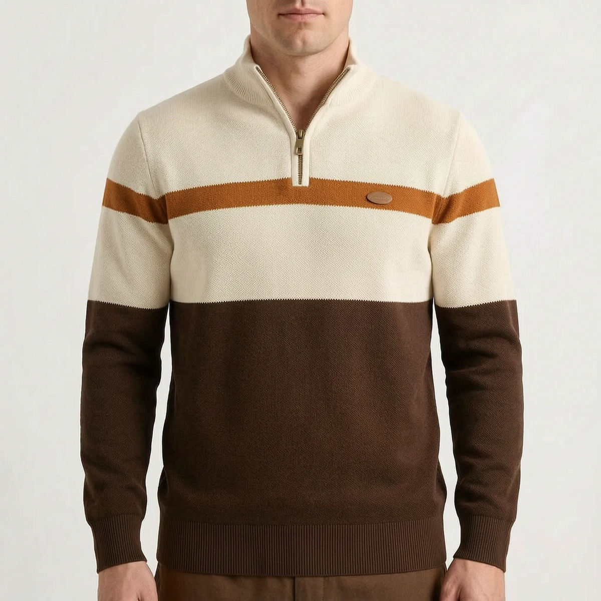 Men's quarter zip jumper with ribbed collar and horizontal colour block stripes