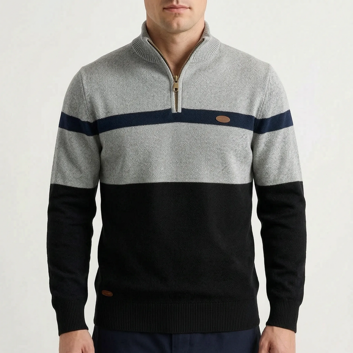Men's quarter zip jumper with ribbed collar and horizontal colour block stripes