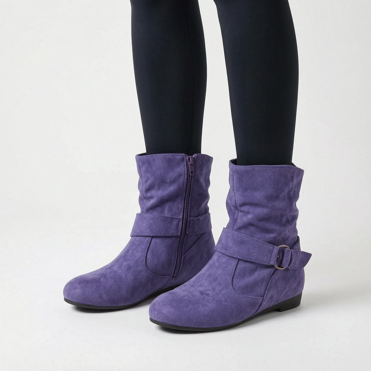 Women's slouchy ankle boots with buckle strap and low heel