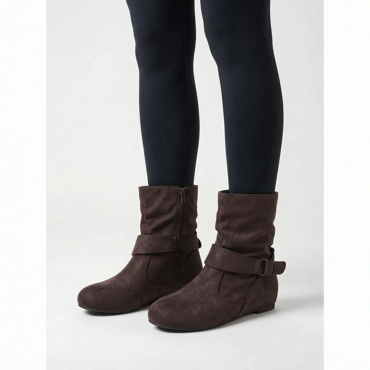 Women's slouchy ankle boots with buckle strap and low heel