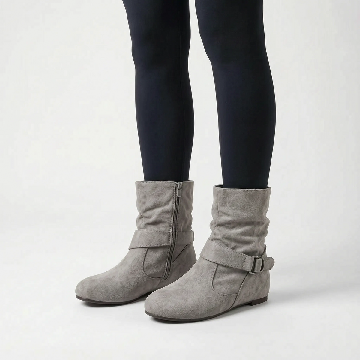 Women's slouchy ankle boots with buckle strap and low heel