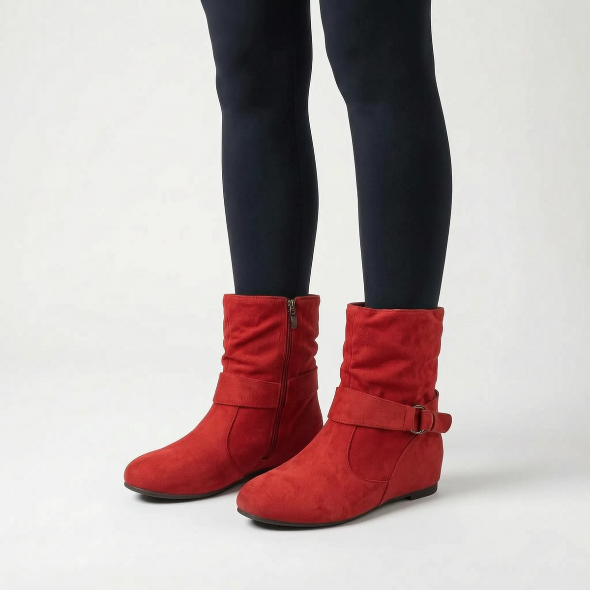 Women's slouchy ankle boots with buckle strap and low heel