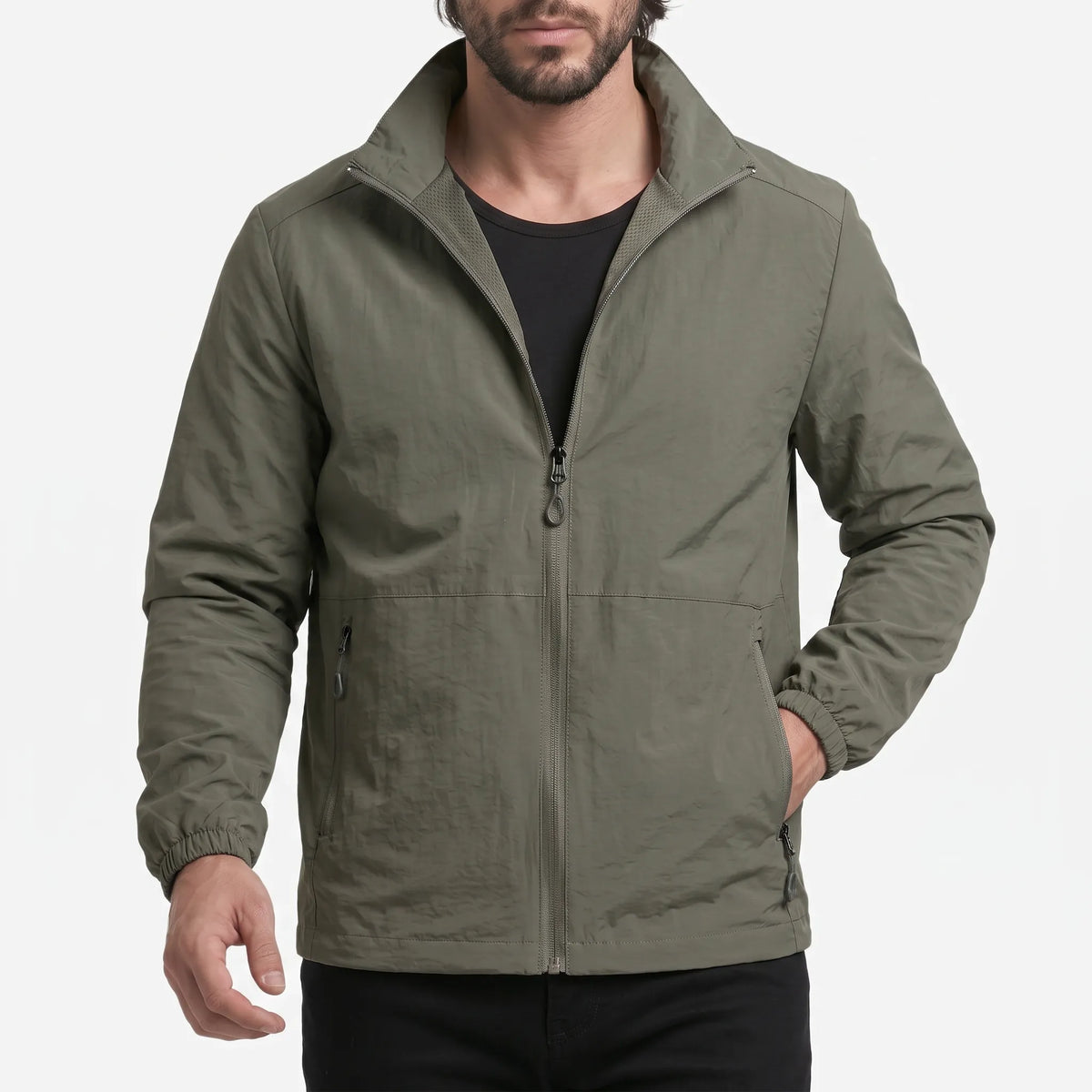 Men's lightweight zip-up windbreaker jacket with stand collar and zipped pockets