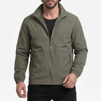 Men's lightweight zip-up windbreaker jacket with stand collar and zipped pockets