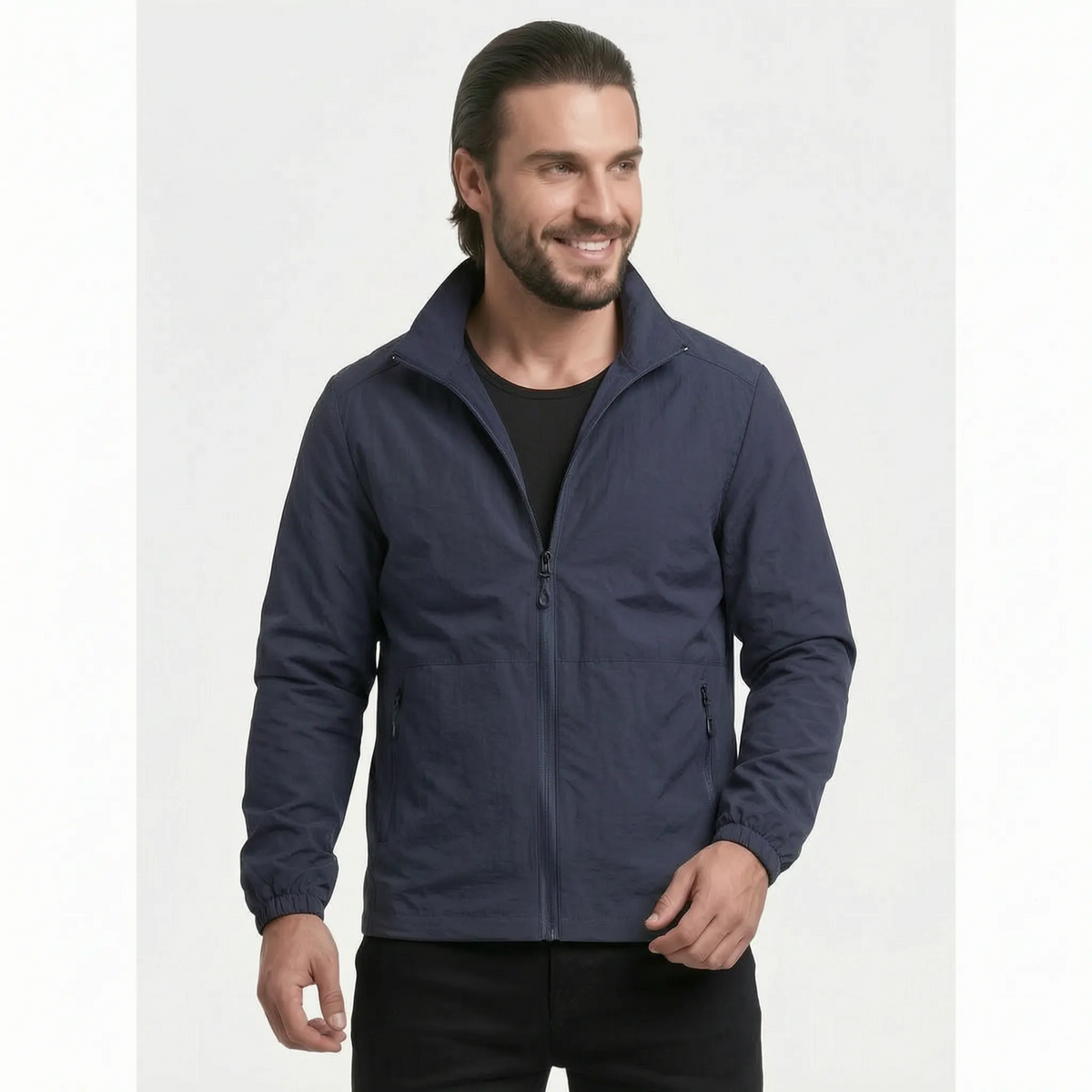 Men's lightweight zip-up windbreaker jacket with stand collar and zipped pockets
