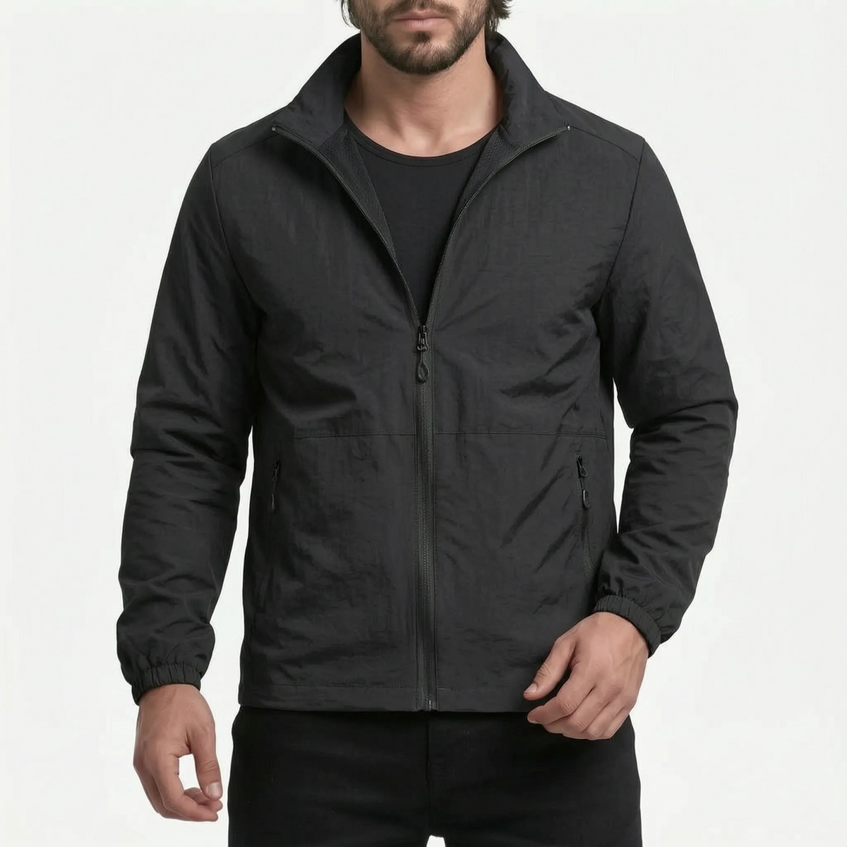 Men's lightweight zip-up windbreaker jacket with stand collar and zipped pockets