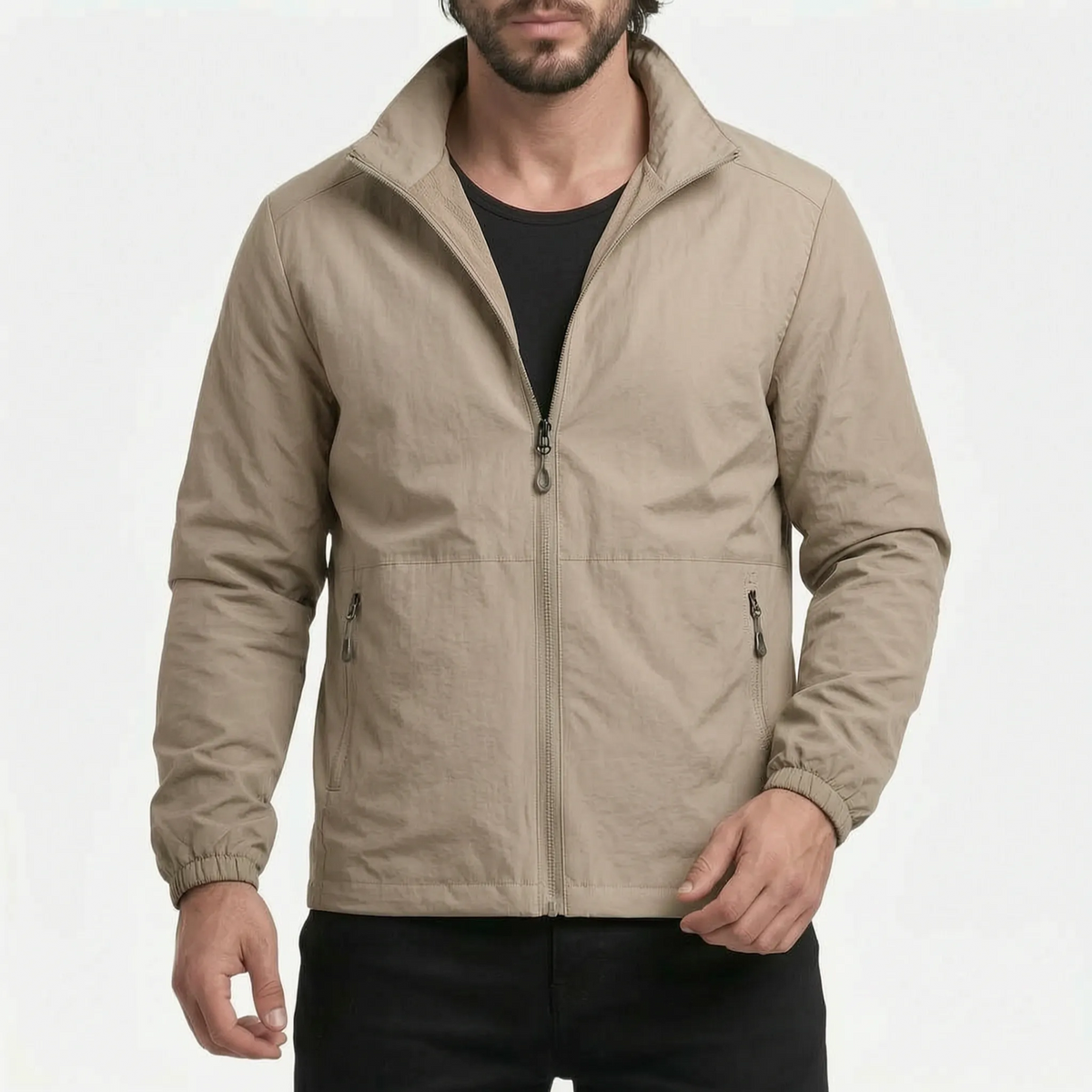 Men's lightweight zip-up windbreaker jacket with stand collar and zipped pockets