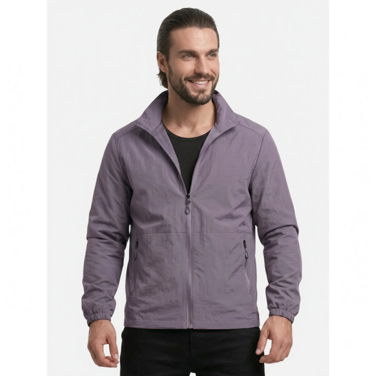 Men's lightweight zip-up windbreaker jacket with stand collar and zipped pockets