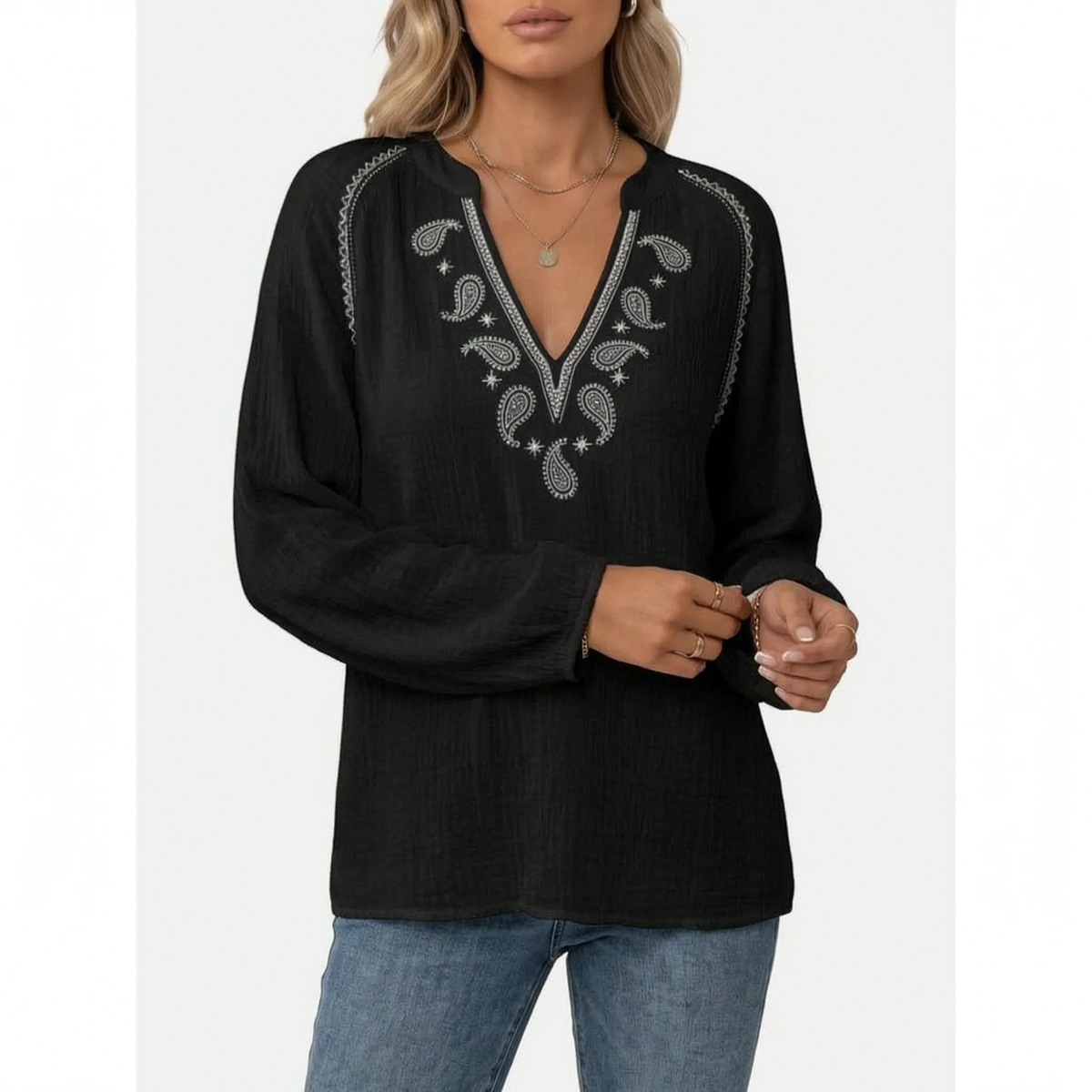 Women's long-sleeve blouse with V-neckline and paisley embroidery