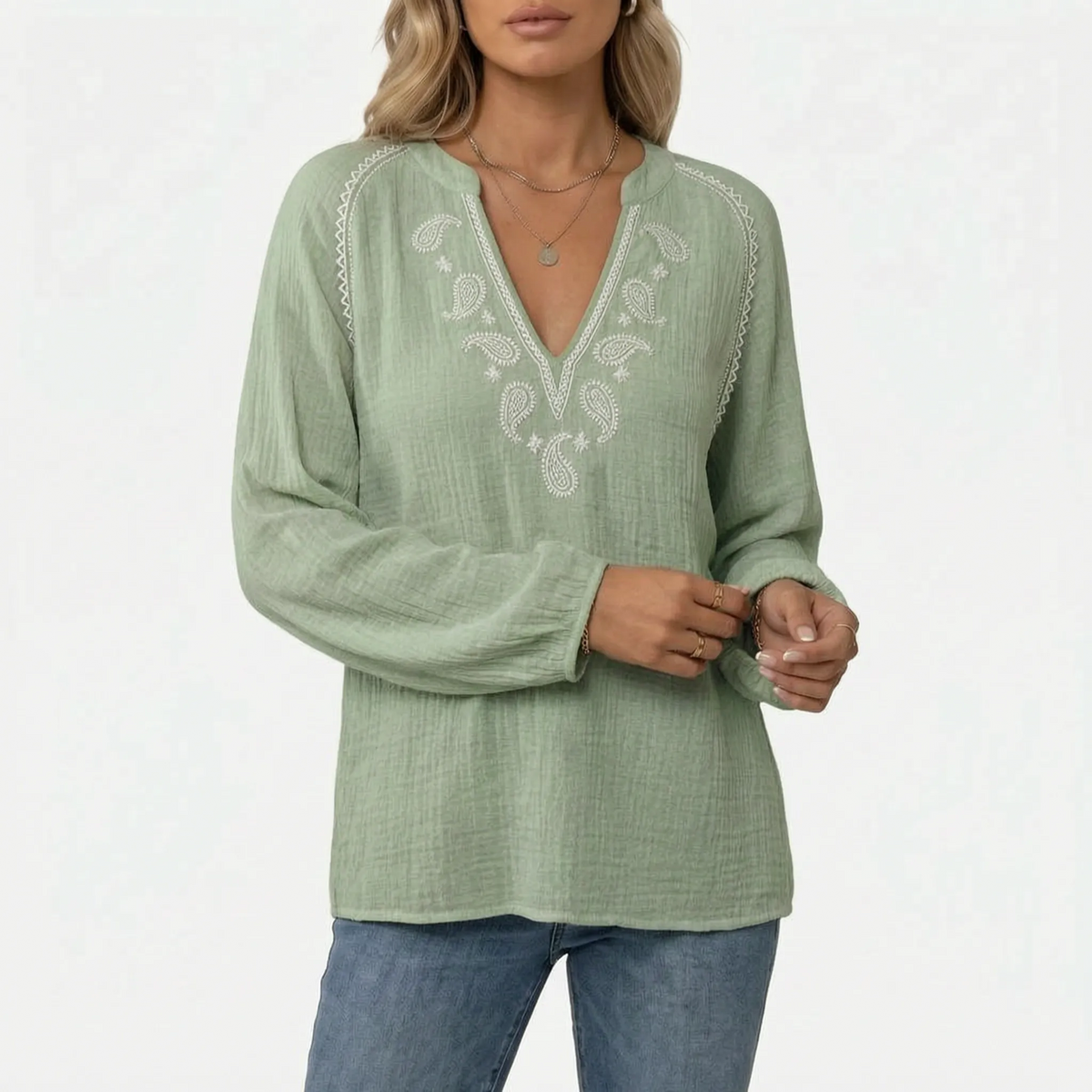 Women's long-sleeve blouse with V-neckline and paisley embroidery