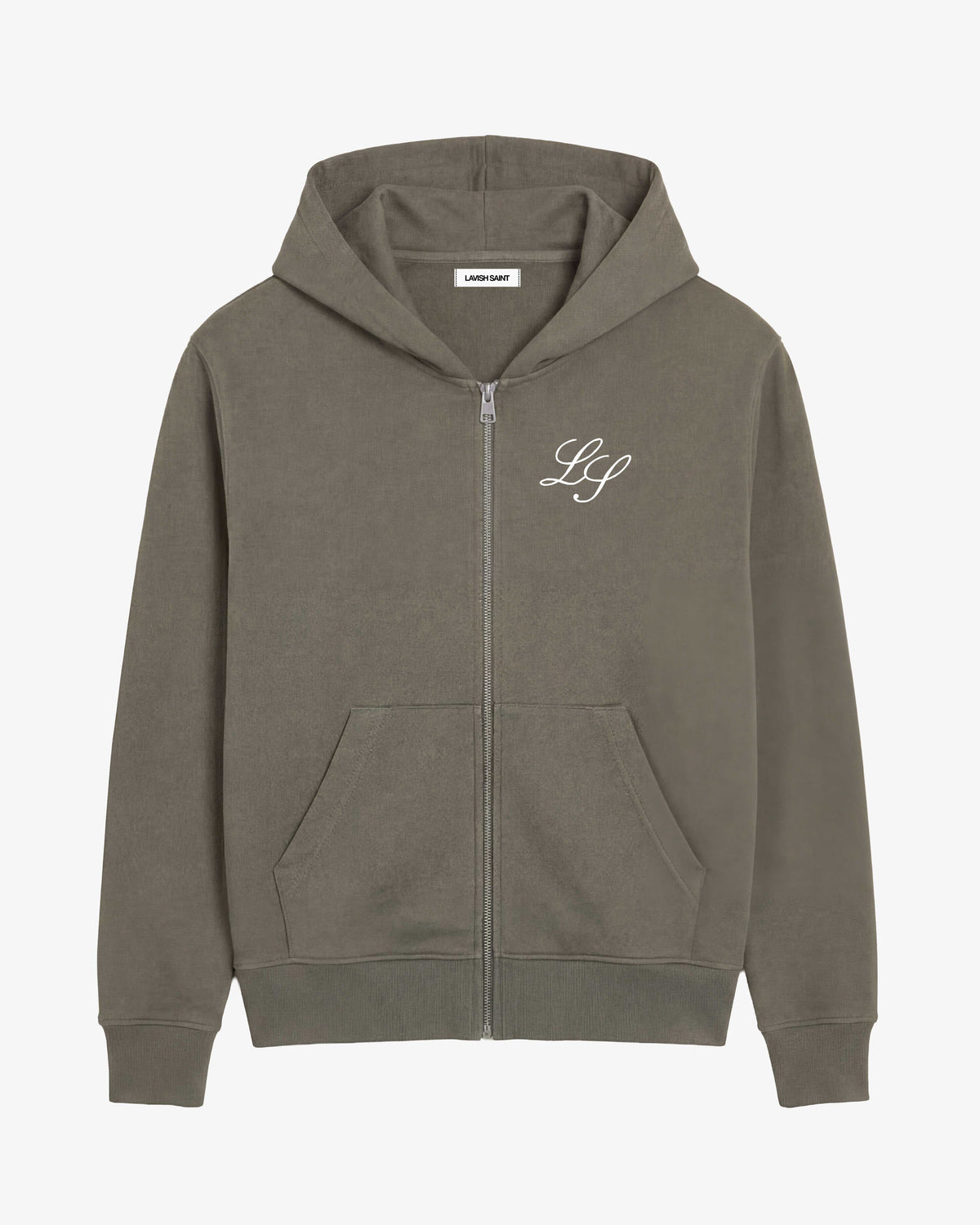Men's grey zip-up hoodie with hood, long sleeves, front pockets and white chest lettering