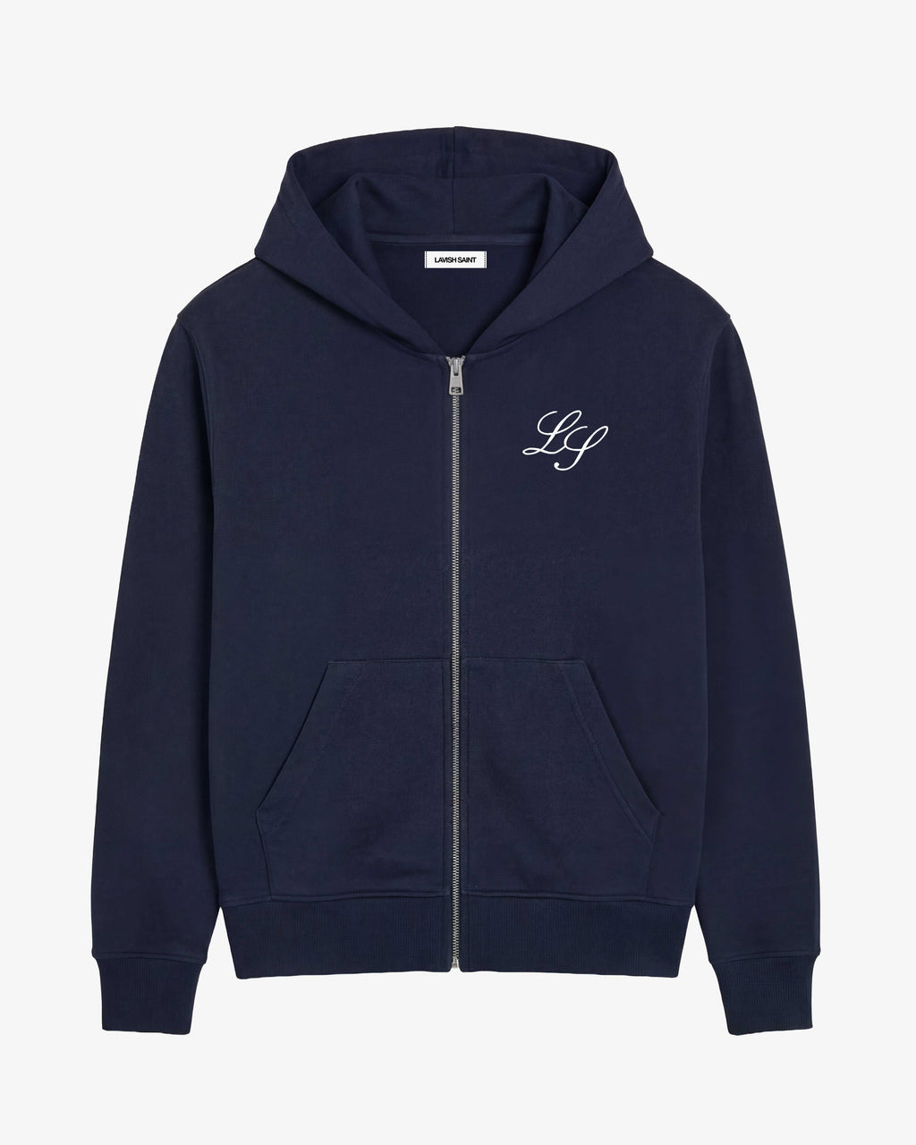 Men's navy full-zip hoodie with hood, front pockets and white chest monogram
