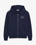 Men's navy full-zip hoodie with hood, front pockets and white chest monogram