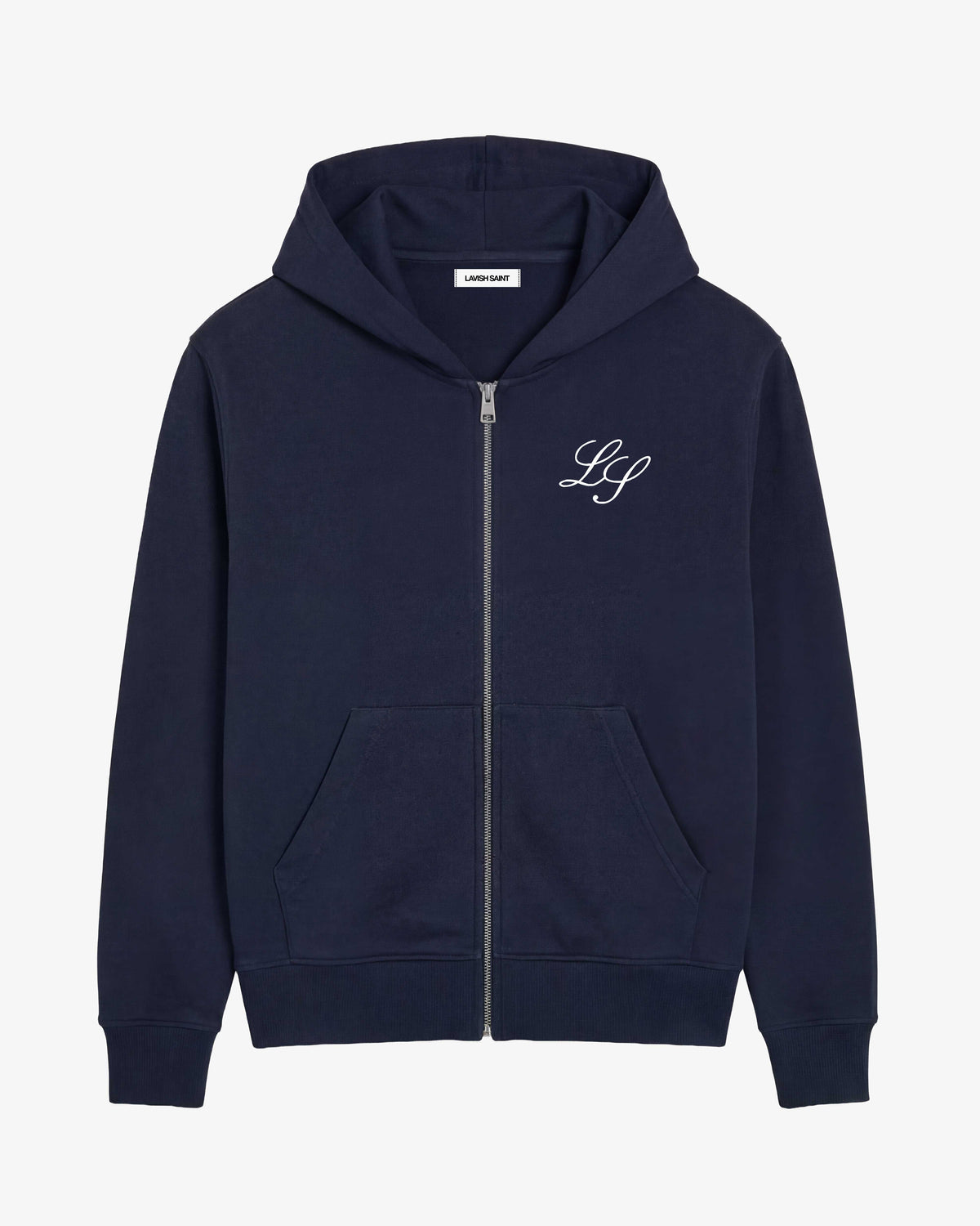 Men's navy full-zip hoodie with hood, front pockets and white chest monogram