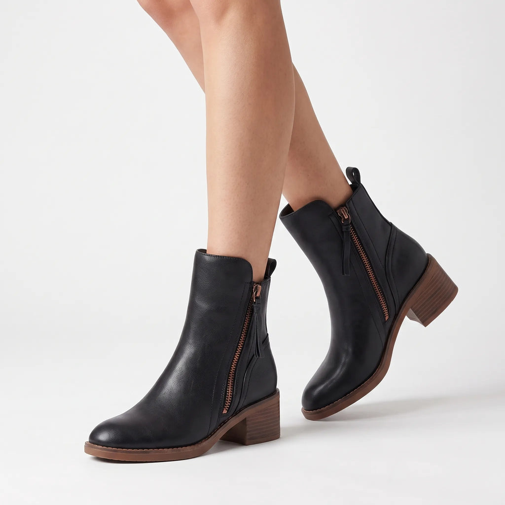 Women's plain ankle boots with round toes, side zips and block heels