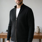 Men's ribbed zip-up cardigan with high collar and long sleeves